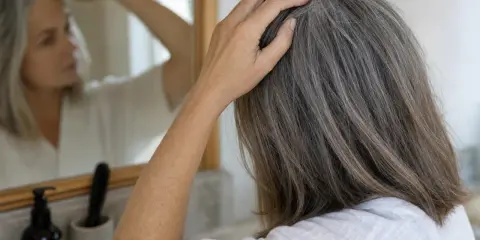 Donna con capelli grigi si tocca la testa, preoccupata che non pettinare i capelli li fa cadere.