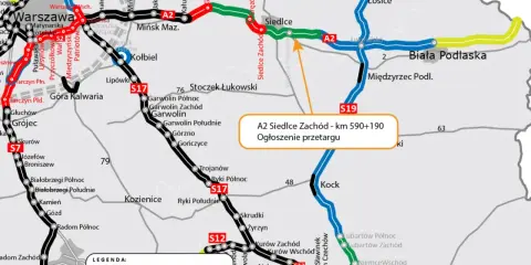 Mapa drogowa z zaznaczoną autostradą A2. Widoczny odcinek A2 Siedlce Zachód - km 590+190 z ogłoszeniem przetargu.