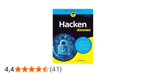 Buchcover "Hacken für Dummies" mit einem Schloss-Symbol. Es erklärt, wie man sich vor Hacks schützt und wie white hats arbeiten.