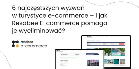 Resabee E-commerce ułatwia pokonywanie wyzwań w turystyce online. Na ekranach laptopów i tabletów widać interfejsy do rezerwacji wycieczek.
