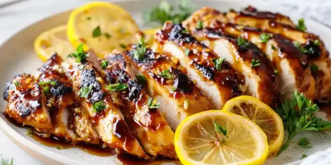 Skivad kycklingfilé med glansig marinad, garnerad med citronskivor och persilja. Perfekt för en god marinad till kycklingfile.