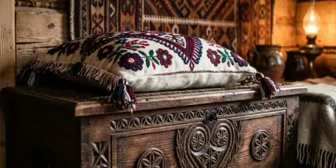 Drewniana skrzynia z bogatymi zdobieniami, ozdobiona poduszką z haftem kwiatowym. Wnętrze w stylu góralskim, z tradycyjnym kilimem i glinianymi naczyniami.