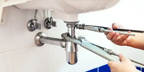 Mains de plombier resserrant un siphon qui fuit sous un lavabo blanc.