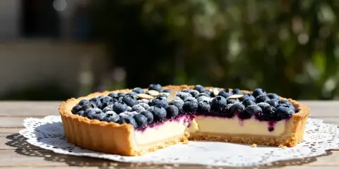 Une délicieuse tarte myrtille amande, garnie de myrtilles fraîches et d'amandes effilées, sur une table en bois ensoleillée.