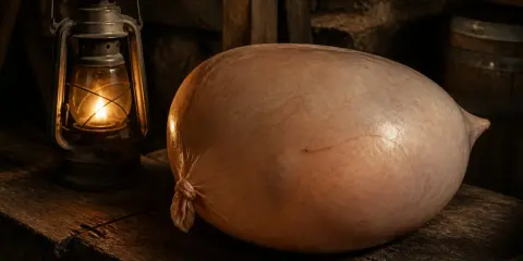 Une grosse saucisse, ressemblant à prendre des vessies pour des lanternes, repose sur une table en bois à côté d'une lanterne allumée.