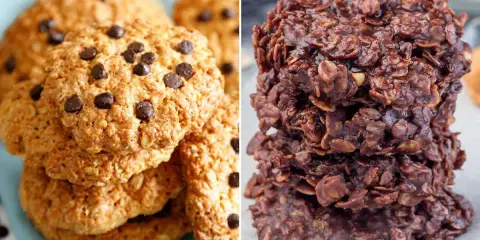 Dos tipos de galletas de avena y chocolate: unas clásicas con chispas y otras tipo "no-bake" oscuras y rústicas.