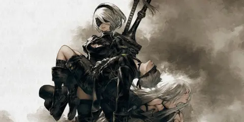 2B trzyma 9S, gdy A2 patrzy w dal. Obrazek idealny do spolszczenia Nier Automata.