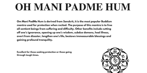Text med "Om Mani Padme Hum" och en symbol. Mantrat sägs ge skydd och lugn.