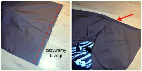 Szycie poduszki DIY. Brązowy materiał, czerwona linia wskazuje szew. W środku widać pluszową zebrę.