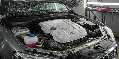 Mycie komory silnika Toyoty. Piana pokrywa pokrywę silnika i błotniki, przygotowując do gruntownego czyszczenia.