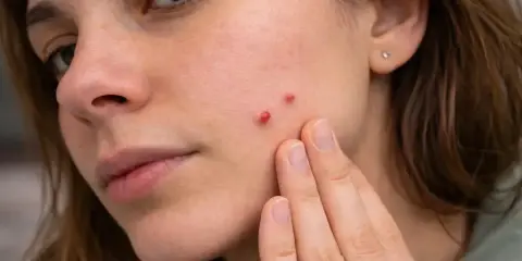 Zbliżenie na twarz kobiety z kilkoma czerwonymi pryszczami na policzku, dotykana palcami.