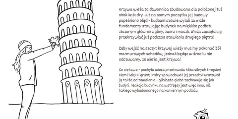 Dziewczynka z kotkiem przy krzywej wieży w Pizie. Dlaczego wieża w Pizie jest krzywa? Bo budowniczowie popełnili błąd.