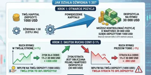Dźwignia 1:30 na Forex powiększa kapitał z 1000 USD do 30 000 USD. Ruch ceny o 1% daje 30% zysku lub straty na depozycie.