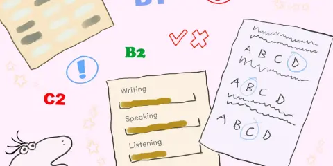 Wyniki testu z angielskiego, od A2 do C2. Widoczny certyfikat B2 angielski, arkusze z odpowiedziami i ocenami.