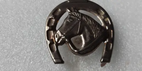 Metalowa odznaka z podkową i głową konia.