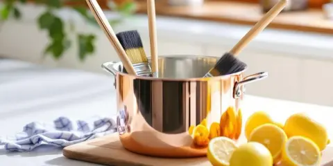Ustensiles pour nettoyer le cuivre : une casserole en cuivre, des pinceaux et des citrons.