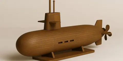 Holzmodell eines **sub boot** mit Propeller und zwei Antennen.