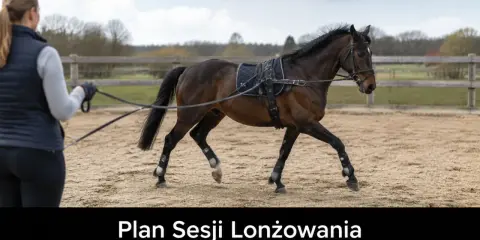 Trenerka lonżuje konia w czambonie na piaskowej ujeżdżalni. Koń ma na sobie siodło i ogłowie.