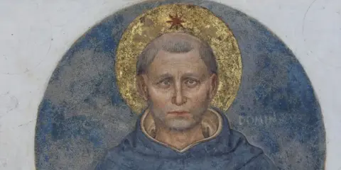 Portret św. Dominika z atrybutami: złota aureola z gwiazdą, niebieski habit.