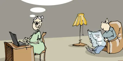 Starsza pani przy laptopie myśli o prawie administracyjnym, podczas gdy jej mąż czyta gazetę.