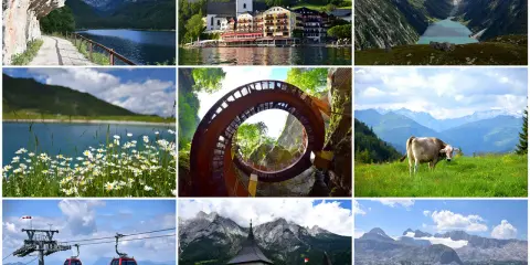 Malownicze góry w Austrii: jezioro, miasteczko, lodowiec, krowa na łące, kolejka linowa, zamek i ścieżka.