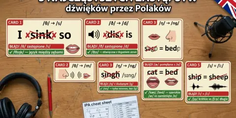 Karty z błędami wymowy po angielsku: jak się wymawia po angielsku "sink" zamiast "think", "dis" zamiast "this", "sing" zamiast "singh", "cat" zamiast "bed", "ship" zamiast "sheep".