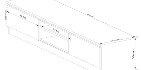Rysunek techniczny szafki RTV. Wymiary: 1604x400x334 mm. Wysokość szafki RTV to 334 mm.