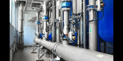 Système de tuyauterie industrielle avec plusieurs vannes à bride bleues et grises, contrôlant le flux dans une usine.