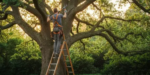 Un élagueur sur une échelle taille un grand arbre. Il montre comment élaguer un arbre pour une meilleure santé et forme.