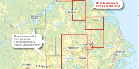 Karta över Upplandsleden med markerade områden kring Uppsala, Älvkarleby och Gimo. Röda rutor visar kartans utsnitt.