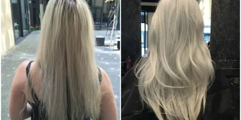 Przed i po zabiegu Olaplex. Włosy po zabiegu są widocznie zdrowsze i lśniące.