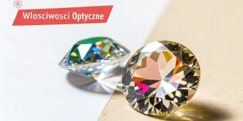 Dwa błyszczące kamienie, jeden z zielonymi refleksami, drugi z tęczowymi. Dowiedz się, czym jest cyrkonia i jakie ma właściwości optyczne.