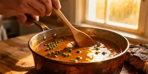 Une main remue une sauce au poivre verte dans une poêle en cuivre, à côté d'un steak grillé.