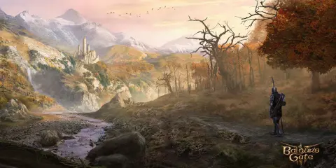 Rycerz w zbroi wędruje przez jesienny krajobraz z zamkiem w tle. Idealne tło dla **Baldur's Gate 3 wymagania** sprzętowe.