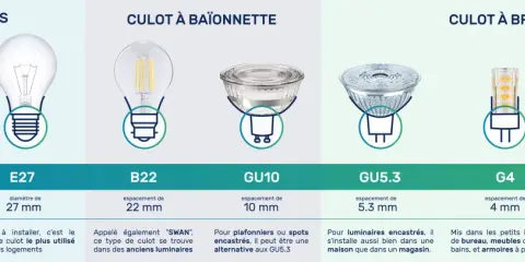 Tableau comparatif des culots d'ampoules LED : E14, E27, B22, GU10, GU5.3, G4, G9.