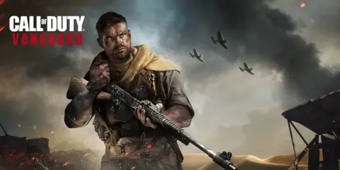 Żołnierz z karabinem w Call of Duty Vanguard, na tle pustynnego krajobrazu i samolotów.