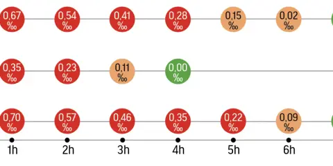 Wykres pokazuje czas trzeźwienia po alkoholu, ilustrując spadające stężenie promili we krwi w zależności od spożytego napoju i upływu czasu.
