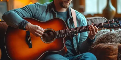 Un homme joue d'une guitare acoustique sunburst sur un canapé en cuir. Il réfléchit à quelle guitare choisir pour sa prochaine chanson.