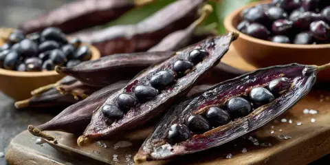Gousses de mucuna pruriens ouvertes, révélant des graines noires brillantes. Des graines sont aussi dans un bol en bois.