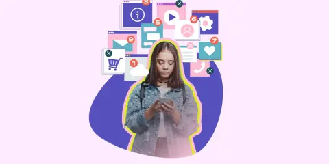 Jeune femme absorbée par son téléphone, entourée d'icônes de notifications. Un visuel symbolisant le besoin d'une pause réseaux sociaux.