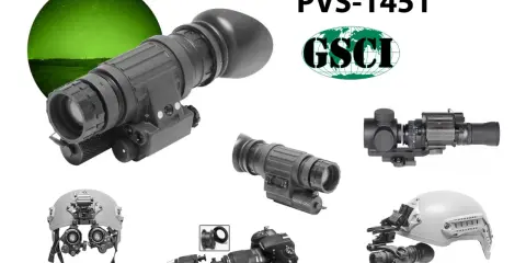 Noktowizor analogowy PVS-1451 od GSCI, pokazany z różnymi akcesoriami, w tym montażem na hełm i adapterem do aparatu.