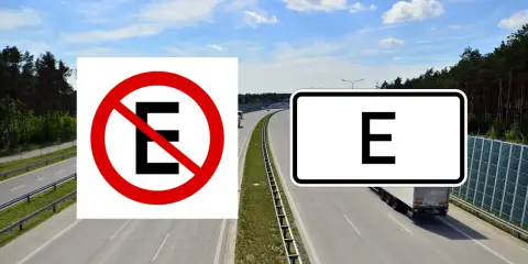 Zakaz zatrzymywania się (oznaczenie drogi E) i strefa dla pojazdów elektrycznych.