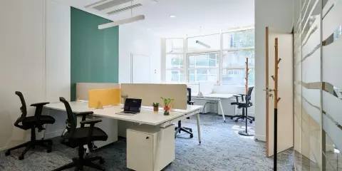 Un bureau chaleureux avec des postes de travail modernes, des cloisons acoustiques et un tapis bleu doux. L'espace est lumineux grâce aux grandes fenêtres.