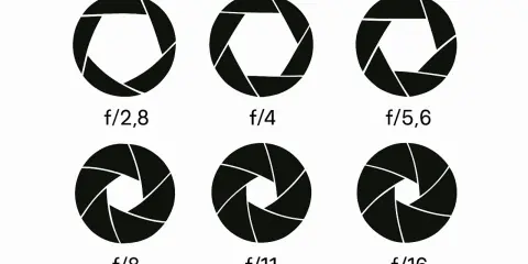 Sześć diagramów przedstawiających przysłonę w aparacie przy różnych wartościach przysłony, od f/2,8 do f/16.