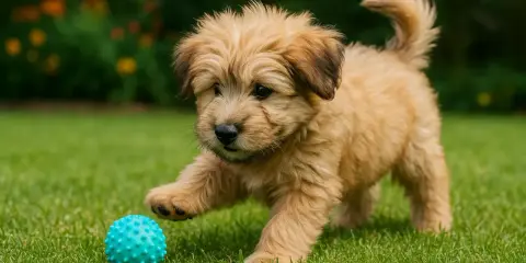 Un adorable chiot berger catalan joue avec une balle bleue sur l'herbe verte.