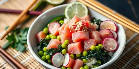 Un délicieux poke bowl avec du thon cru, des petits pois, des radis, des algues et du riz. Une recette fraîche et colorée.