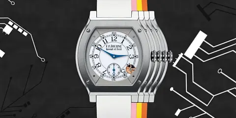 Orologio F.P.Journe con cinturino colorato e quadrante bianco. Il suo significato, come un quarzo, è precisione e innovazione nel tempo.