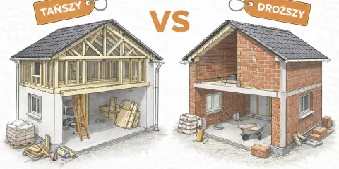 Porównanie: dom szkieletowy (tańszy, drewniana konstrukcja) vs. dom murowany (droższy, ceglana ściana).