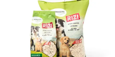 Deux sacs de riz pour chien Vadigran Rizi, avec des images de chiens et des indications "Optimal digestion", "Low calorie", "All dogs".