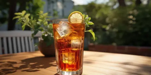 Orzeźwiające drinki z sheridanem, z lodem i plasterkiem cytryny, idealne na letni relaks w ogrodzie.